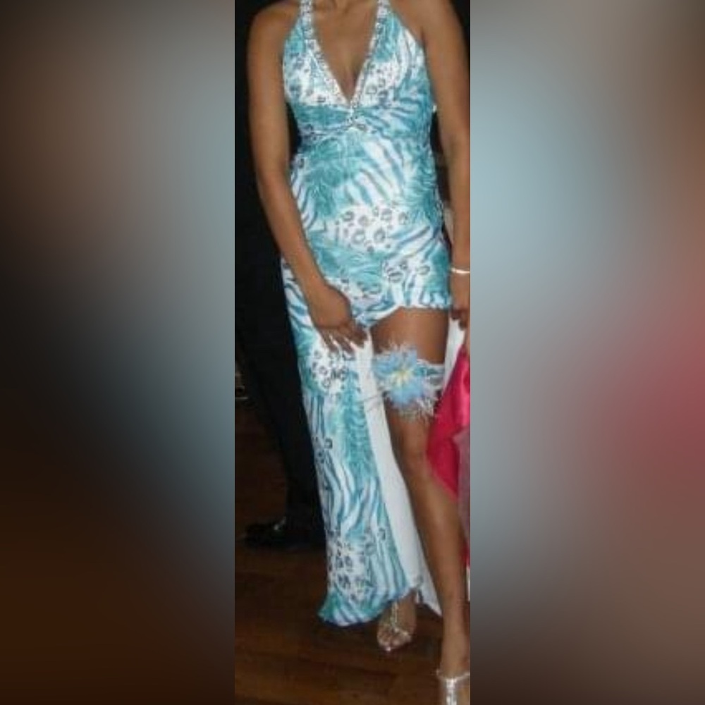 Mori Lee Turquoise Animal Print Halter Prom Gown Size 7/8 High Slit Pageant